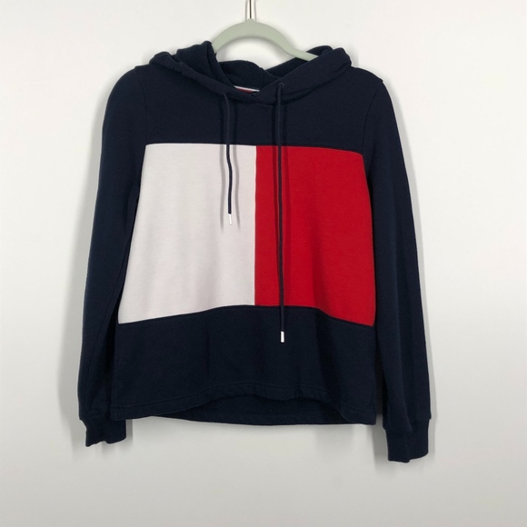 Tommy Hilfiger Blue Red White Colorblock Hoodie - Picture 2 of 7